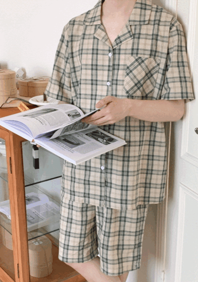 우주블리 커플 체크 레이스 프릴 잠옷 파자마 홈웨어