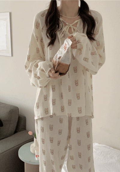 우주블리 여성잠옷 가을파자마 이모티콘 곰돌이 리본 세트 원피스 홈웨어