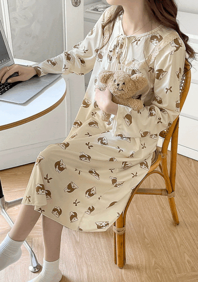 우주블리 여성잠옷 원피스파자마 솜솜 펀칭 리본레이스 홈웨어
