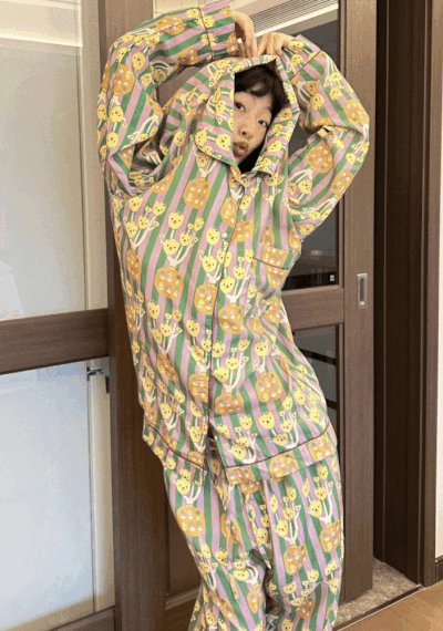 우주블리 여성잠옷 사계절파자마 스트라이프 튤립나무 캐릭터 투피스 홈웨어