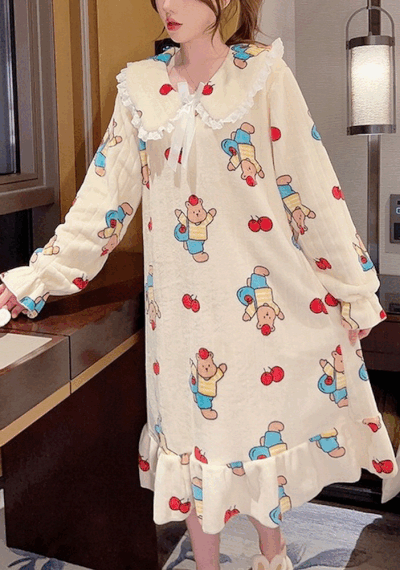 우주블리 원피스파자마 극세사 체리 앵두 판매원 곰청년 캐릭터잠옷 홈웨어