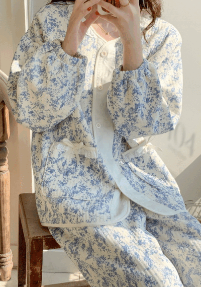 우주블리 커플파자마 누빔 겨울 블루빛 수채화 수면 잠옷 투피스 홈웨어